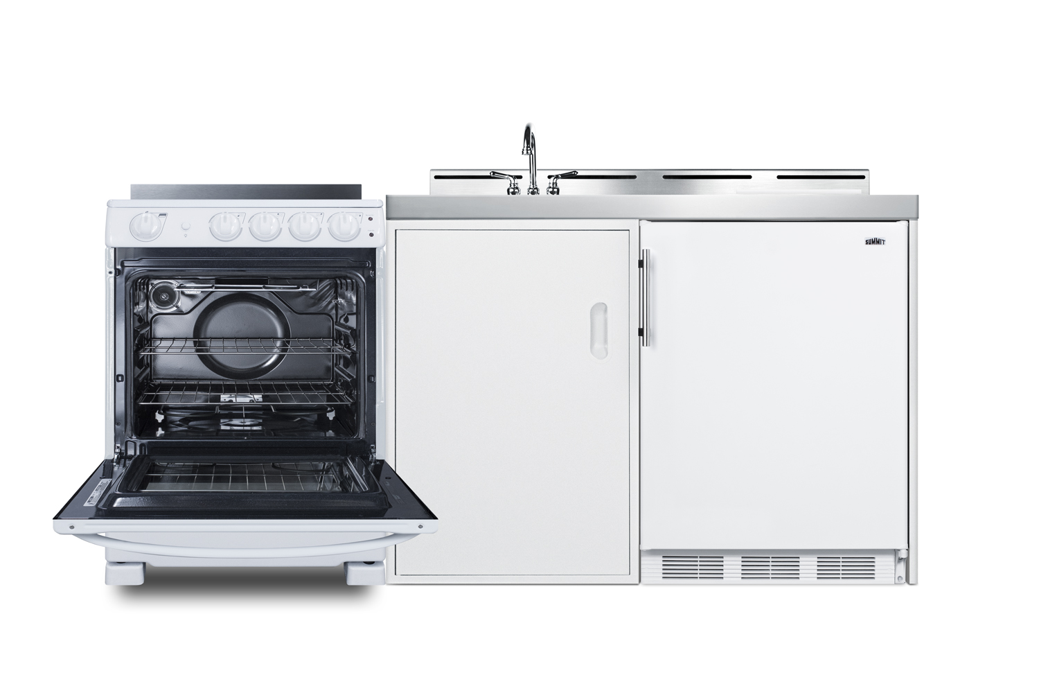 72 inch wide all-in-one kitchenette with 4-burner 220V smooth-top electric range, refrigerator-freezer, sink, cutting board and cutlery storage, and a storage cabinet
